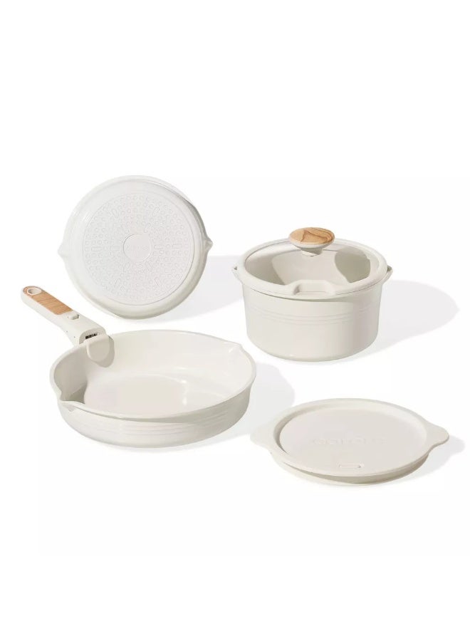 Carote 10-Piece Ceramic Nonstick Cookware Set with Detachable Handle, PFAS-Free Healthy Cooking Pots & Pans, Stackable Design with Pour Spouts, All-Stovetop Compatible, Dishwasher Safe (Cream) - Image 3